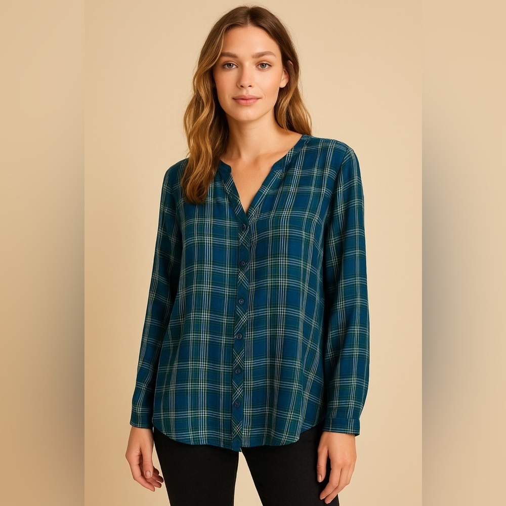 J. Jill Blue and Green Plaid Rayon Blouse